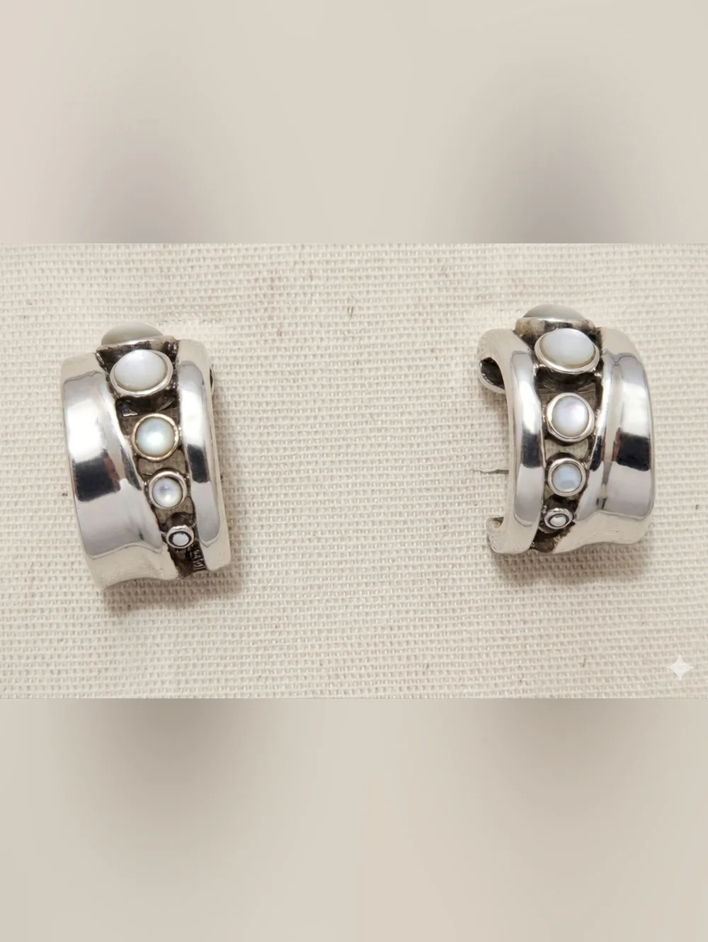 Barse Chunky 925 Sterling Silver Mother of Pearl Modernist Wide Hoop Earrings - Picture 2 of 13
